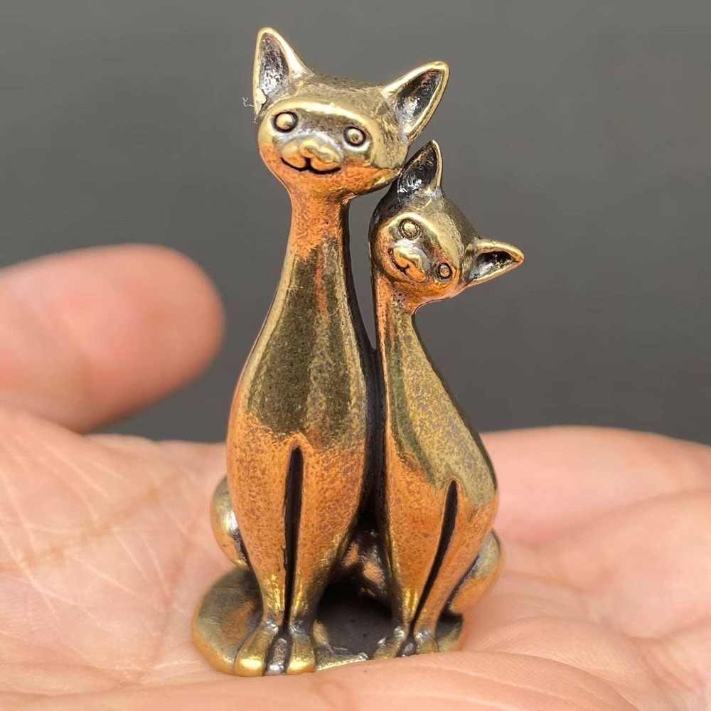 Brass Cat Couple Figurine Miniature Love Totem Altar Decor Spirit Animal